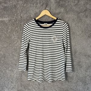 J.Crew Shirt Womens Small White Stripe Scoop Neck 3/4 Sleeves Beaded Cotton